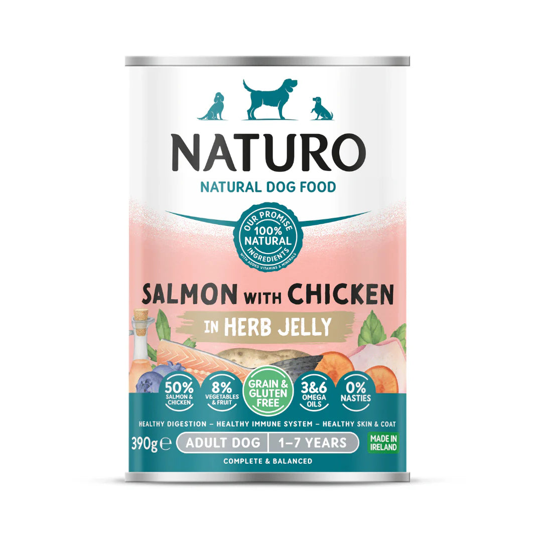 Naturo Adult Dog Grain & Gluten Free Salmon with Chicken In Herb Jelly 390g Can