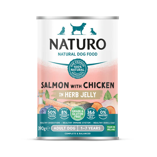 Naturo Adult Dog Grain & Gluten Free Salmon with Chicken In Herb Jelly 390g Can